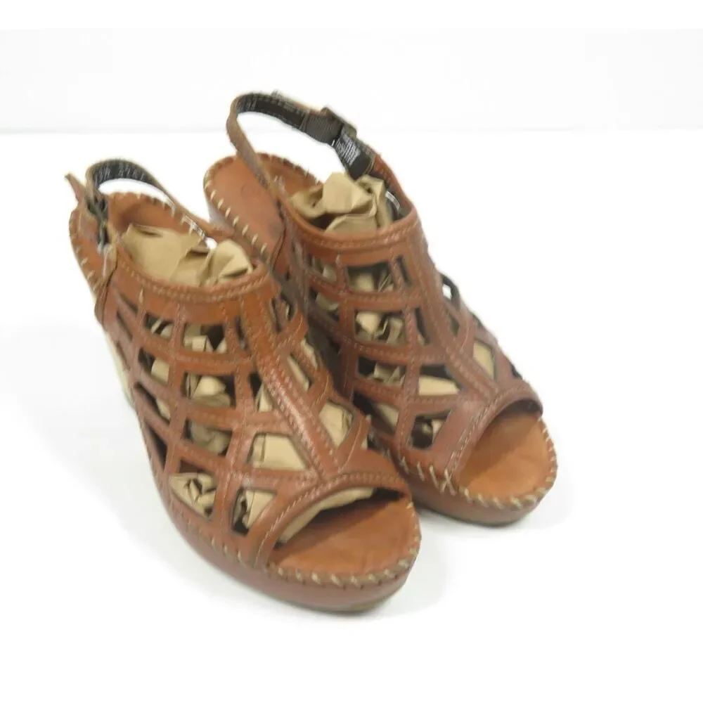 Lobo Solo Slingback Cage Sandals Brown Leather Chunky Wood Heel Brown Size 5